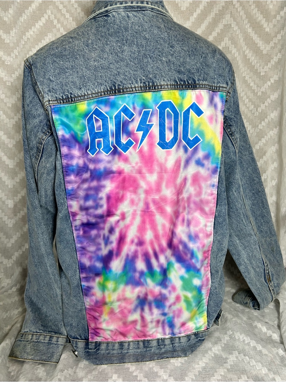 Vintage AC/DC Denim Jacket with Pink Multi Tie-Dye Back Panel